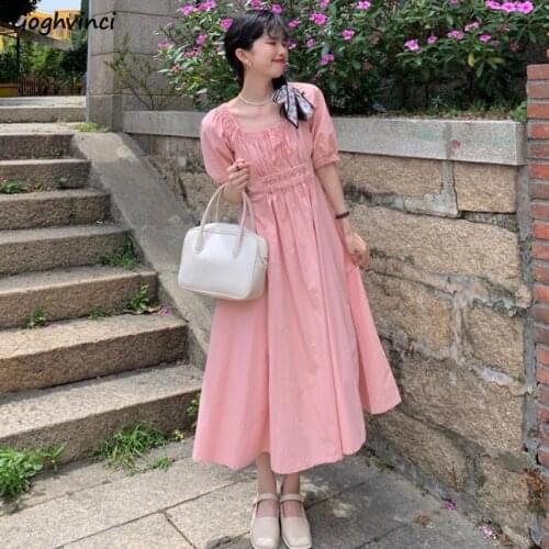 Short Sleeve Puff Dress Women Solid Sweet Dresses Students Lovely Preppy Style Minimalist Slim A-line High Waist Fashion Casual