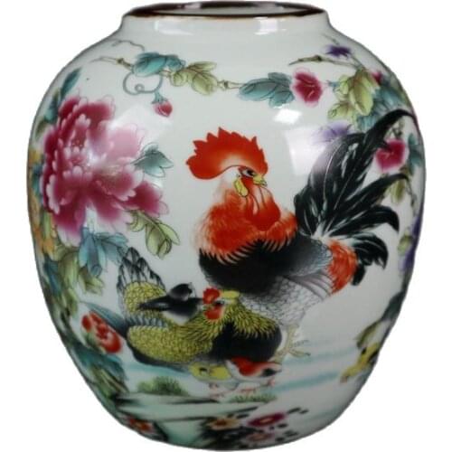 Chinese Old Porcelain Pastel Jar With Rooster Pattern Storage Tank