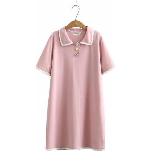 Plus size LACE Turn-down Collar elastic solid pink women loose dresses 2020 new summer casual ladies short sleeve pull dress