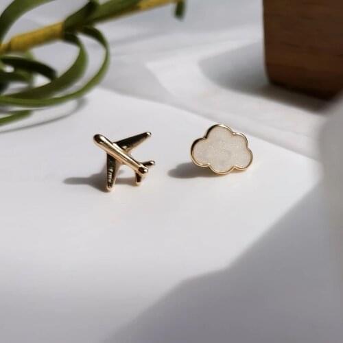Cute Fun Mini Asymmetric Aircraft Airplane Clouds Stud Earrings Small Metal Vintage Enamel Jewelry For Women