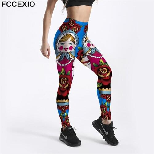 FCCEXIO New Punk Style Workout Leggings High Waist Fitness Legging Lucky Doll Print Leggins Women Slim Pants Large Size Leggin