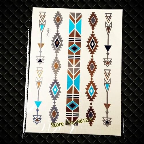 New Fashion Flash Gold Blue Metallic Arrow Tattoos Indian Bracelet Design Men Women Armlet Waterproof Temporary Tattoo Stickers
