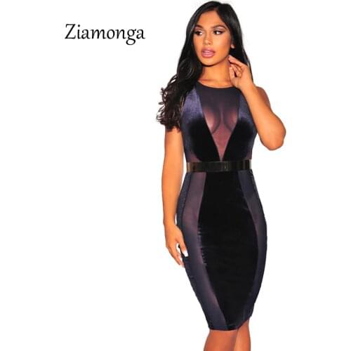 Ziamonga 2018 Office Sheath Dress Burgundy Blue Hollow Out O-Neck Sleeveless Velvet Dress Night Club Autumn Winter Dresses