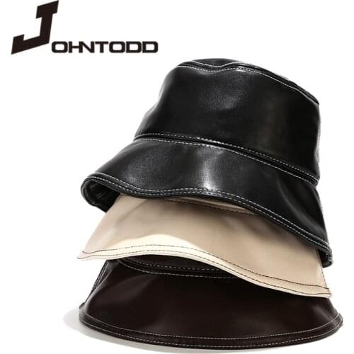 2021 New Bucket Hat for Women PU Leather Panama Hat Fisherman Cap Solid Flat Top Outdoor Sun Hat Gorro Pescador Wholesale