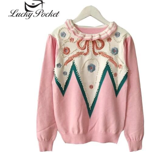 Women Fall Winter Slim Ruffled Collar Beading Patchwork Embroidery Pullovers Sweater Female Bow Tops Ladies Casual Sweaters ZM82