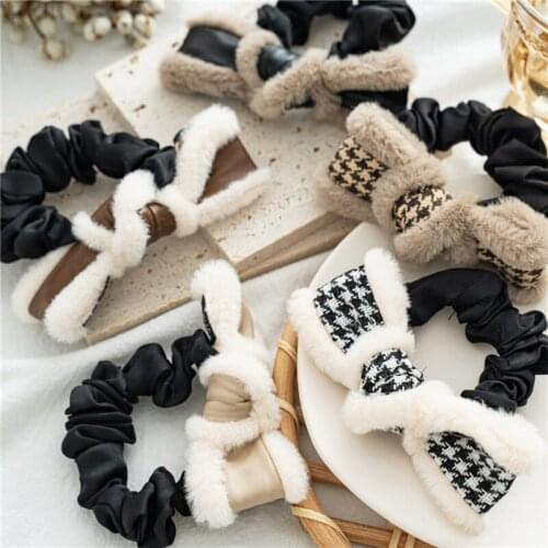 Hot Classic Bow-Tie Scrunchies Houndstooth Hair Ties Elastic Hair Bands Ponytail Holder Sweet PU Scrunchy Women Hair Accessories