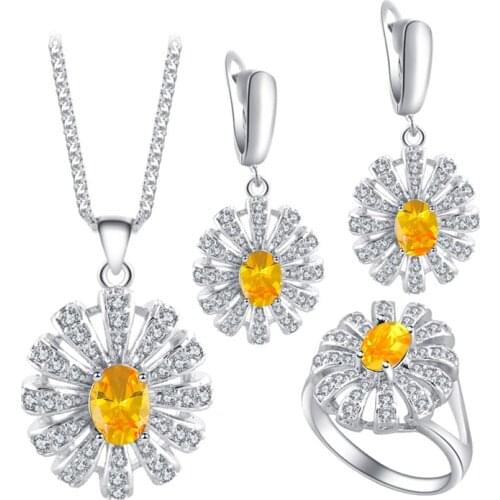ROLILASON For Women Chirstmas Best Gift Yellow Zircon Silver Stamped Sets Earring Necklace Pendant Ring Fashion Jewelry JS676
