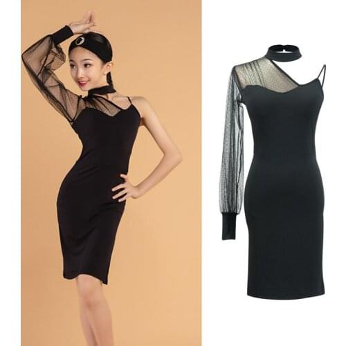 Mesh Latin Dance Dress Girls Designer Clothes Black Dress Performance Costume Modern Dancewear Salsa Dancing Outfits DL7577