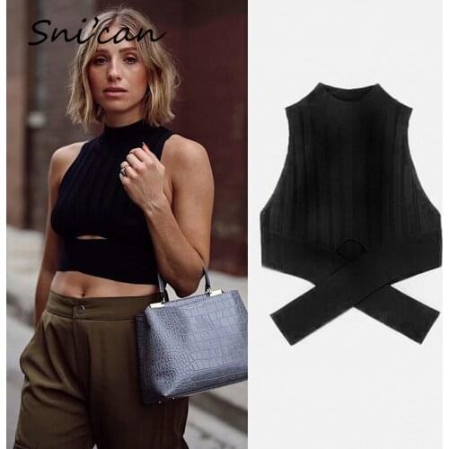 Snican Womens Sexy Sleeveless Sweater O Neck Lace Up Crop tops Vest Za 2021 Vintage Pullover Ladies Chaleco Mujer Gilet Jersey
