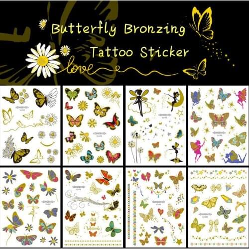 Sexy Butterfly Fairy Temporary Tattoo Women Party Body Arm Art Fake Flash Tattoos Gold Metallic Tattoo Stickers Bracelet Wrist