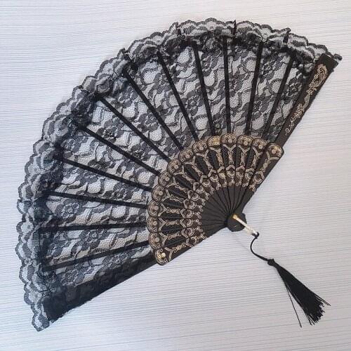 Folding Hand Held Fan New Retro Elegent Lace Silk Flower Pattern Fan Wedding Decor Home Decoration Ornament Dance Accessories