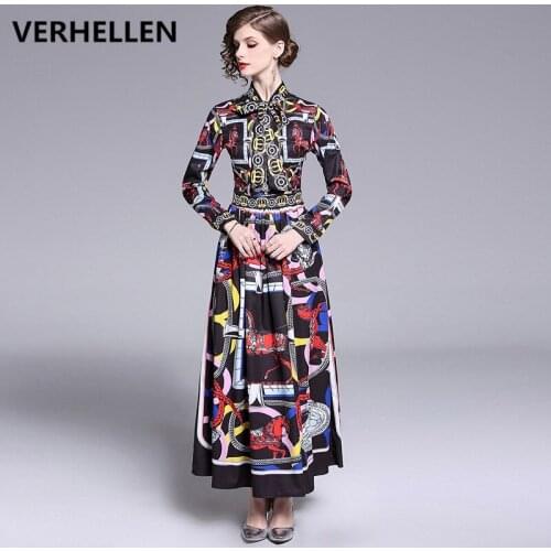 VERHELLEN High Quality Designer Runway Maxi Long Dress 2019 Autumn Womens Long Sleeve Bow Collar Vintage Print Pleated Dress