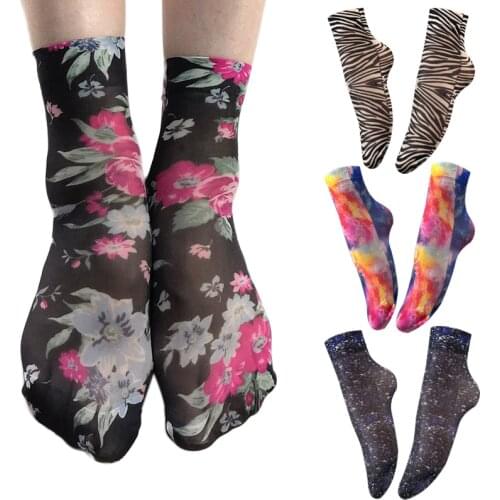 Women Printed Flowers Socks Summer Fashion Streetwear Short Silk Socks Women Colorful Funny Striped Plaid Sock Harajuku