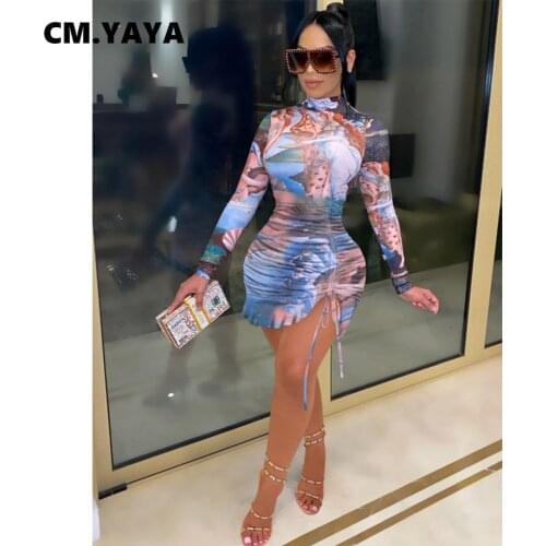 CM.YAYA Women Autumn Spring Angel Print Stacked Tie Up Draped Bodycon Midi Dress Sexy Club Party Long Sleeve Mini Dresses