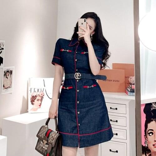 Vintage blue denim dress women 2020 A-line short sleeve turn-down collar single breasted pocket office OL midi dresses female