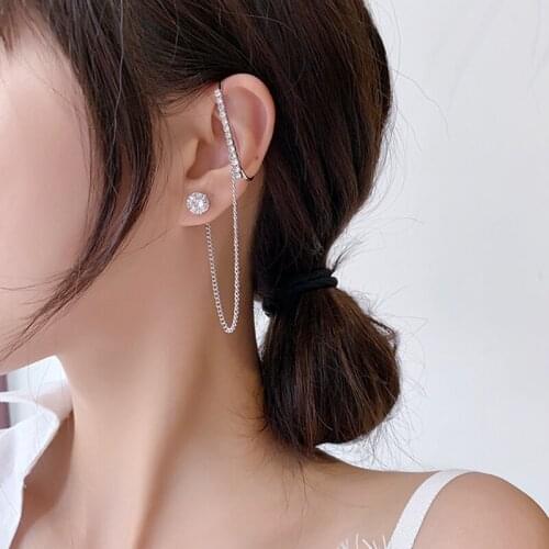 1PC Rhinestone Oval Shape Hook Chain Tassel Earrings for Women Korean Style Piercing Ear Cuff Clip Jewelry Accessories Gift MS36