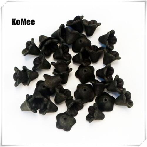 Free Shipping Wholesale 200pcs/lot Black Lily Flower Frosted Acrylic Spacer Cap Charm Beads 14mmx10mm
