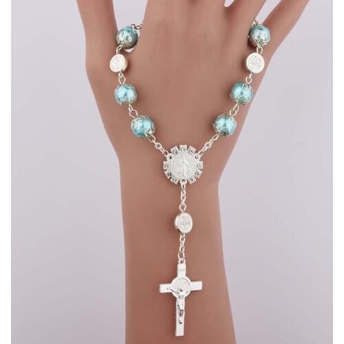 5 colors Catholic Religious Bead Cross Bracelets Rosary Centerpiece Sacred Heart of Mary Mercy Jesus Saint Icons Jewelry