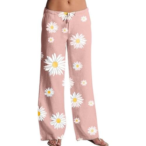 Summer Womens Printed Casual Wide Leg Pants Female Solid Color Casual Long Pant Summer Wide Leg Trousers