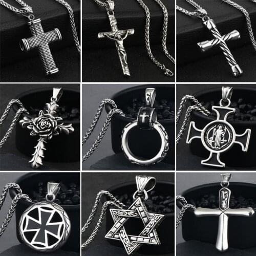 Ancient Silver Color Cross Pendants Necklaces for Men Stainless Steel Link Chain Punk Metal Crucifix Jesus Necklace Male Jewelry