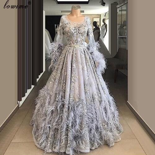 Dubai Muslim Long Formal Evening Dresses Arabic Lace Feathers Abendkleider Plus Size Abiye Dress Woman Party Night Vestidos