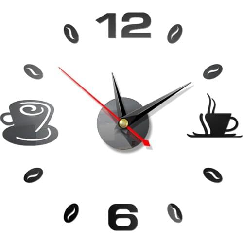 Home 3D Mirror Wall Clock Self Adhesive Modern Mute Acrylic Art Analog Kitchen DIY Coffee Cups Decor Waterproof