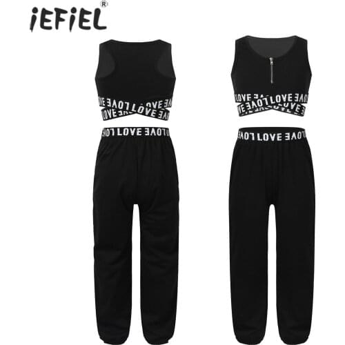 Kids Girls Sleeveless Letters Printed Crop Top Sports Bra+Pants Tracksuit Outfits for Sports Yoga Gymnastics Dance Performance