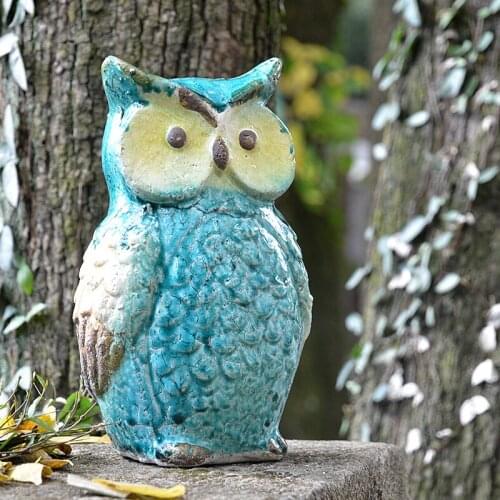 American Country Accents Blue Owl Figurines In Large Size 100% Handmade Retro Home Garden Decor Standing Pottry Animal Statues