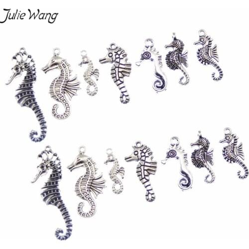 Julie Wang 14PCS Antique Silver Color Alloy 7-Types of Seahorse Pendant Charms Handmade Jewerly Women Man Gift DIY Accessories