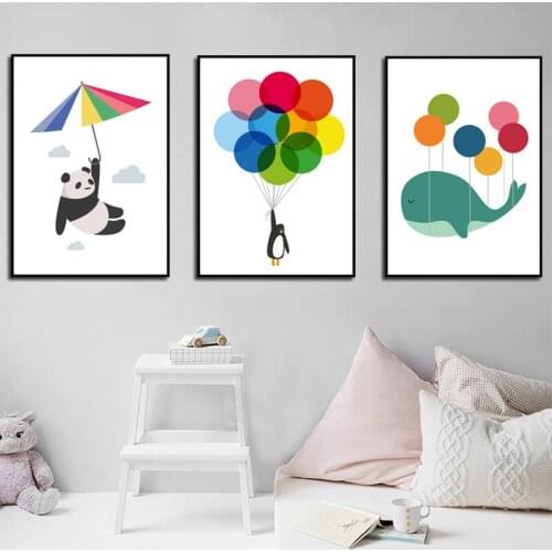 Penguin Under Balloon In Cartoon Style Canvas Painting Wall Art Nordic Posters and Prints Wall Pictures for Living Room Decor