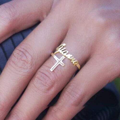 Stainless steel personalized name ring with cross double wrap ring in yellow gold, rose gold or white gold