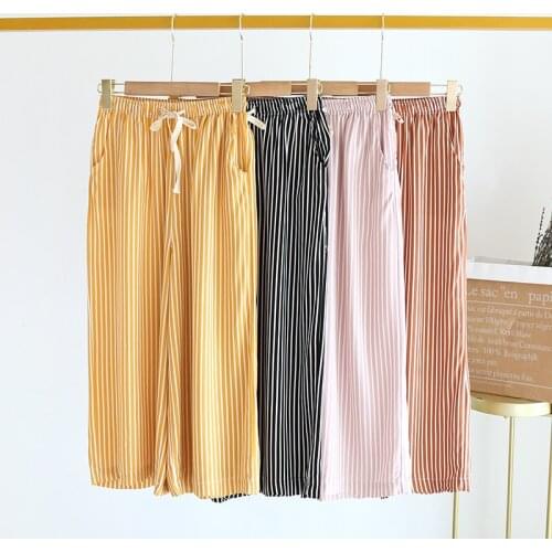 Korea Striped wide-leg trousers women Viscose trousers sleep bottoms fashion pajamas pants women sleepwear shorts