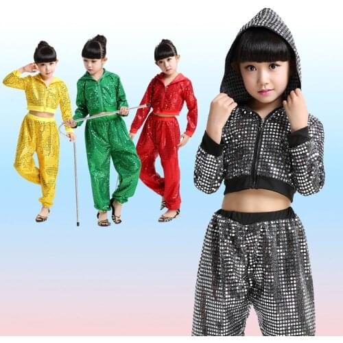 Kid girl boy hip hop dance costume glitter long sleeve stage jazz costume hiphop Suit children ballroom Top Hooded and Pants