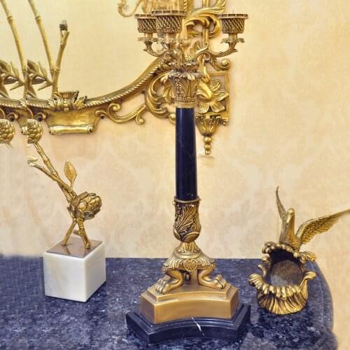 French Antique Reproduction Brass Candle Holder with Black Marble Column Candelabra