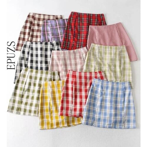 Summer blue plaid skirts womens vintage mini skirt Sexy pencil high waist skirt casual ladies faldas mujer 2020
