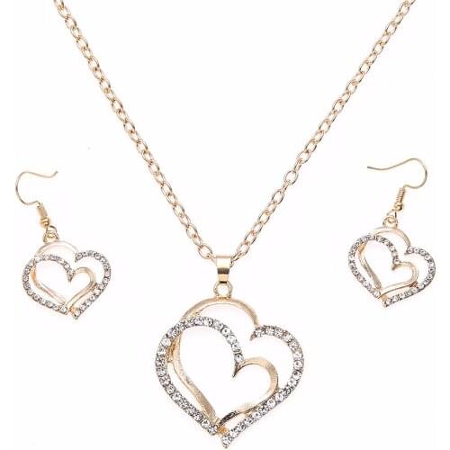 Fashion Crystal Necklace Earring Set Elegant Heart Pendant Statement Necklace Earring Jewelry Accessories