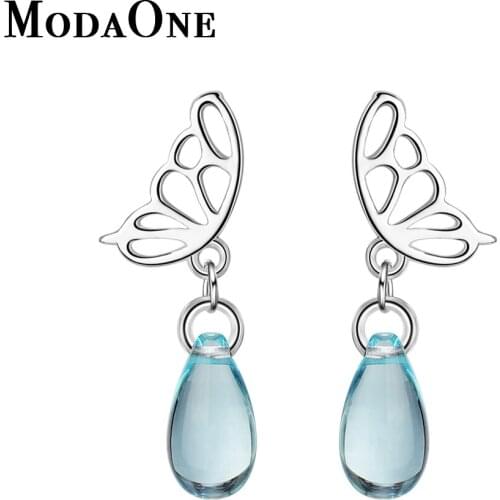 ModaOne Butterfly Crystal Blue Sterling Silver Stud Earrings For Women Fashion Trendy Cute Small Earring Jewelry Aretes De Mujer