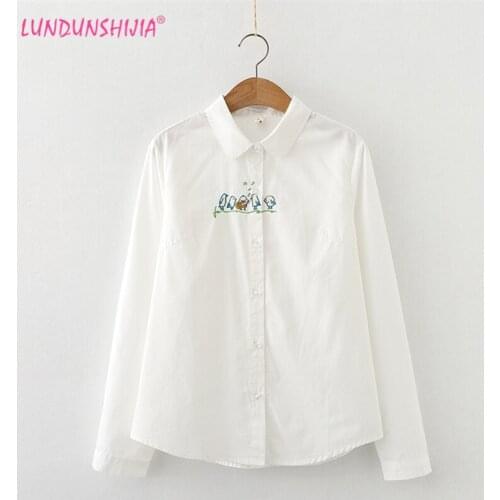 LUNDUNSHIJIA Fashion Women Shirts Cotton Long-Sleeved Blouse Spring Autumn 2021 New Style Female Little Birds Embroidered Shirt