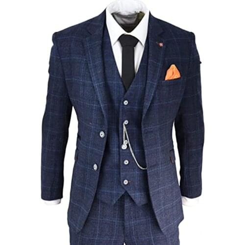 Winte Mens Suits Navy Check Plaid Vintage Jacket+Vest+Pants 3 Pieces Set Slim Fit Business Blazer Prom Party Dinner Dress 2021