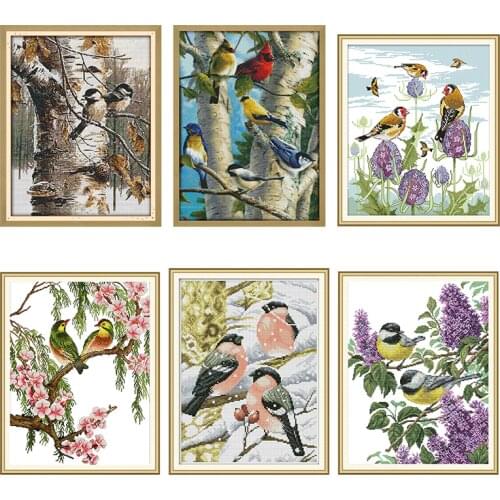 Joy Sunday Cross Stitch Needlework Set, Tree and Bird Animal Pattern Full Embroidery Set White Canvas 14CT DIY Home Decoration