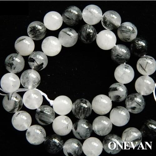 ONEVAN Natural Black Rutilated Quartz Beads Smooth Round Stone Bracelet Necklace Jewelry Making Diy Accessories Gift Design
