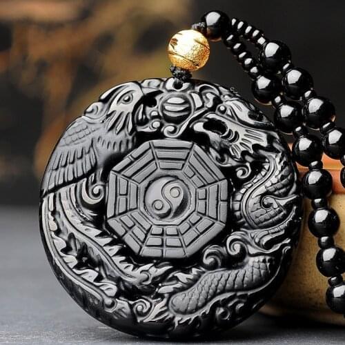 Natural Black Obsidian Dragon and Phoenix Bagua Pendant Fashion Jewelry Hand Carved Dragon Phoenix Necklace for Men and Women
