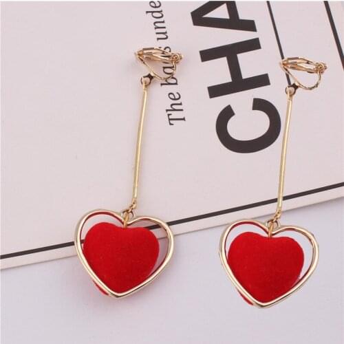 Korea Style Gold Color Double Heart Clip on Earrings No Pierced for Women Elegant Long Style Pearl Cuff Earrings Wholesale 2018