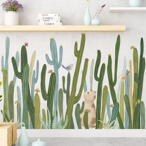 Nordic Green Cactus Plant Wall Stickers Fairy Tree Baseboard Decoration Corner Animal Cat Self-adhesive Vinyl Mural Wallpaper