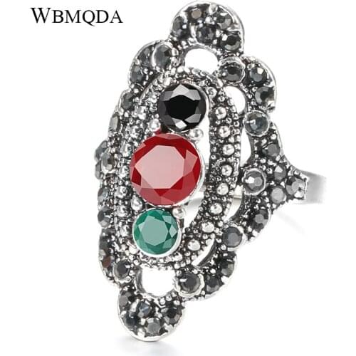 Wbmqda Vintage Crystal Ring Tibetan Silver Ethnic Bride Wedding Ring For Women Punk Jewelery Bague Femme 2020 New