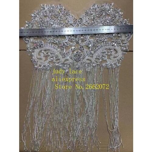 Stock 1piece/bag Silver luxury necktie tassel beads set with artificial diamonds for wedding dress design YM79