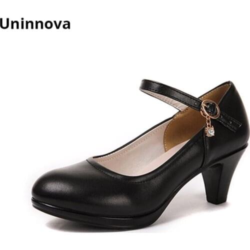 Women Pumps Genuine Leather Mary Jane Round Toe Business Shallow upper Crystal Court Shoes Black Uninnova WP151