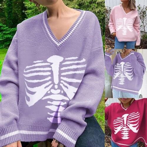 Womens Skull Print Sweater Fashionable Sweet College Sweatshirt V-neck Loose Casual Knitted Sweater Pullovers Female Clothing