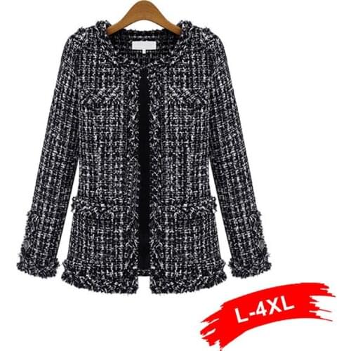 Black and White Plaid Short Cashmere Ladies Coats Large Size Tweed Jacket Retro Temperament Tops Womens Fall Jackets