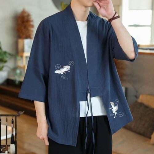 2021 Summer MenS Cotton Kimono Cardigan Outerwear Coat Fashion Streetwear Chinese Style Loose Male Jackets Asian Clothes KK3525